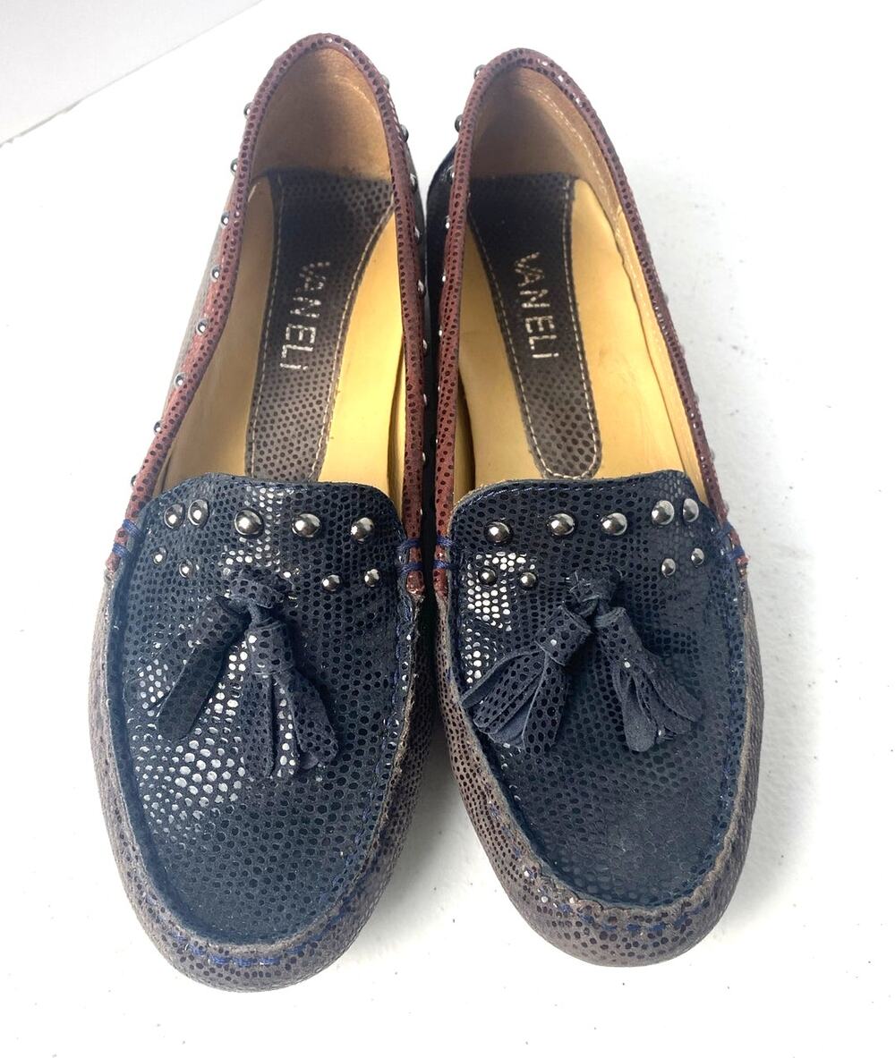 Vaneli Brown Black Colorblock Studded Tasseled Driving Loafers Women's Size 6